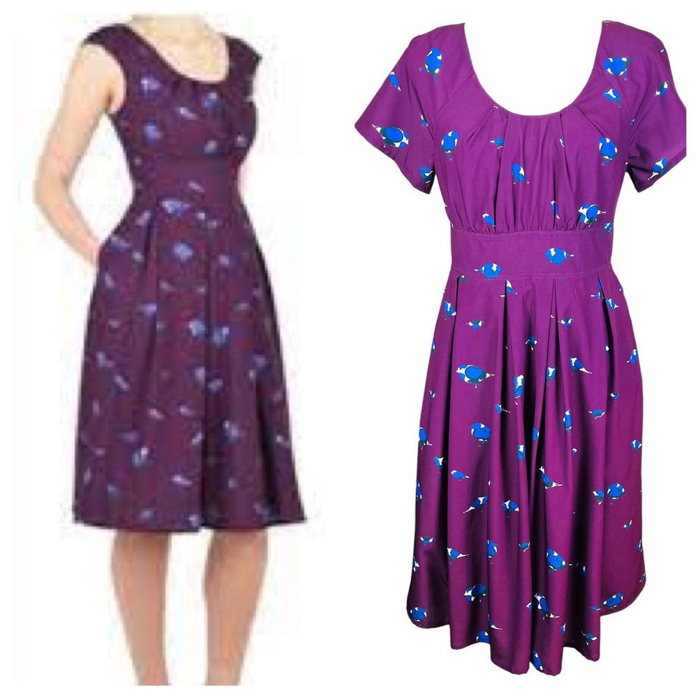 eShakti Bird Print Fit And Flare Dress-plum purple